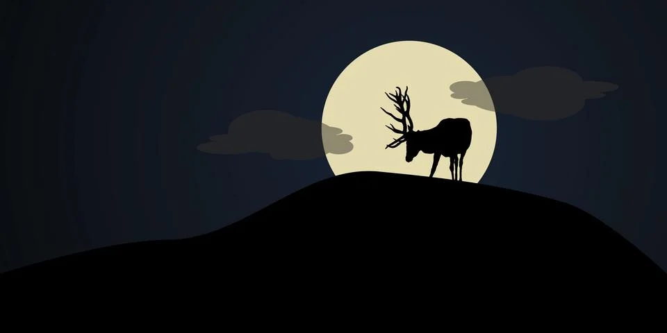 Deer on a hill with moon light, vector illustration Stock Photos