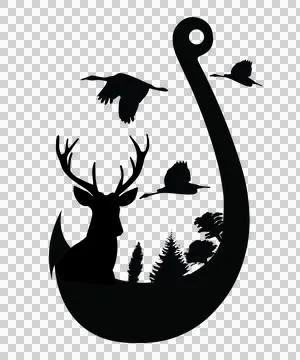Deer Hook Head Silhouette With Flying Birds Inside fish Stock Illustration
