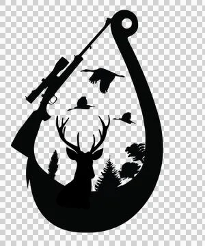 Deer Hook Head Silhouette With Rifle And Birds fish trees Stock Illustration