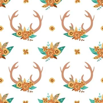 Deer horns pattern. Cute floral antlers in the bohemian style. Hand drawn deer Stockillustratie