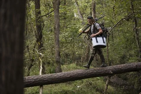 Deer hunter with bow and arrow walking in forest, Bear Creek Reserve, Georgia, Stock Photos