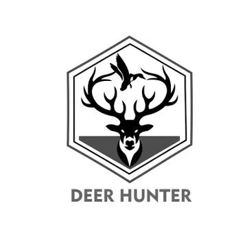 Deer hunter logo type, hunter man and deer, hunter club, deer hunting, Illustrazione stock