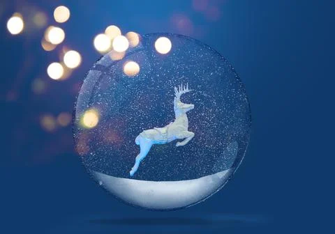 Deer inside of snowy snow globe over blue background Stock Photos