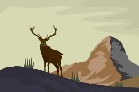 Deer in the mountains in front of a mountain on a hill vector illustration Stock Illustration
