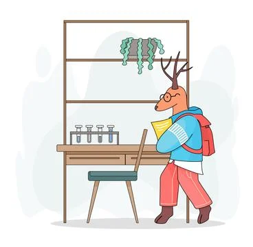 Deer with notes or paper in paws near table with shelves, chemistry lesson, test Stock Illustration