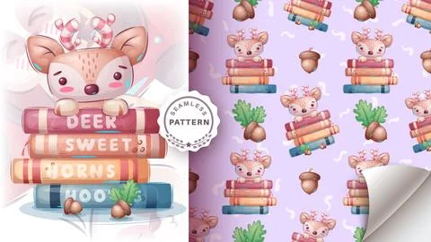 Deer read book - seamless pattern Stock Illustration