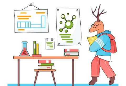 A deer schoolboy with exercise book in hands in chemistry class. Smart active Stock Illustration