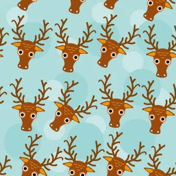 Deer seamless pattern with funny cute animal face on a blue background Stock Illustration
