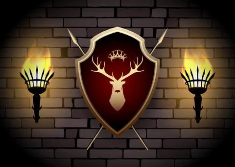 Deer Shield with Torches on the Wall イラスト素材