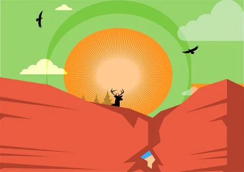 Deer silhouette in canyoun at sunset flat vector landscape illustration 스톡 일러스트