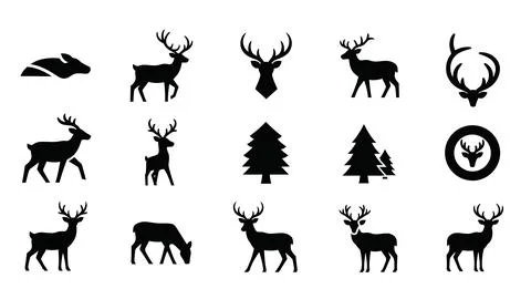 Deer silhouette collection featuring stag antlers bucks and forest tree gra.. Stock Illustration