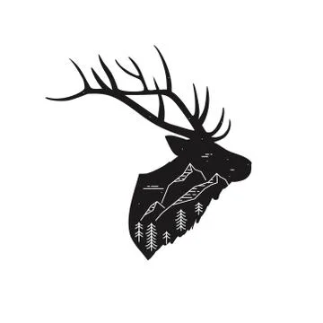 Deer silhouette with linear mountain landscape Stock Illustration