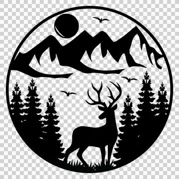 Deer Silhouette In Mountain Forest standing mountains sun Stock Illustration