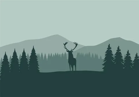 Deer silhouette in the pine forest vector Stock Illustration