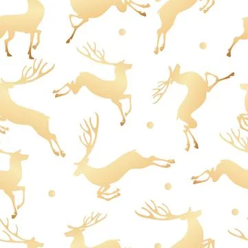 Deer silhouette on a seamless pattern. Gold animals on a white background with Illustrazione stock