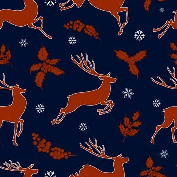 Deer silhouette on a seamless pattern. Red animals on a blue background with Illustrazione stock