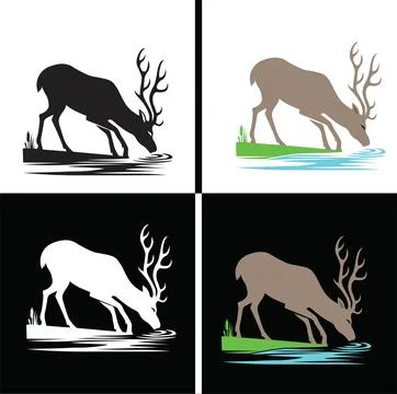 Deer silhouettes drinking water in different colors and backgrounds Stock Illustration