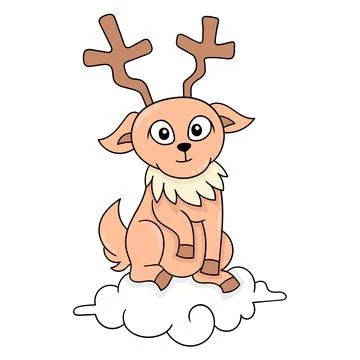A deer sitting on a white cloud in the sky, doodle icon image kawaii 库存插图