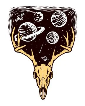 Deer skull and galaxy vector illustration hand drawn Stock Illustration