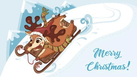 Deer on sleigh vector. Deer on sleigh winter scene vector illustration. Winter Stock Illustration