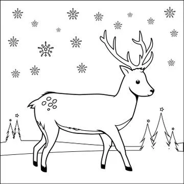 Deer in the snow. Vector black and white coloring page Ilustração Stock
