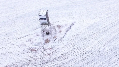 Deer-stand or watch tower for hunting of boars in snowy fields. Video stock 101072745