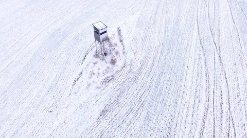 Deer-stand or watch tower for hunting of boars in snowy fields. Video stock 101072811