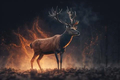 A deer standing in a forest with a lot of fire behind it and a black backgr.. Stock Illustration