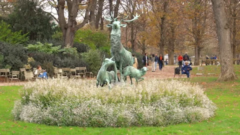 Deer statue by Arthur le Duc in Luxembourg Garden in Paris France in Autumn Stock Footage 233585130