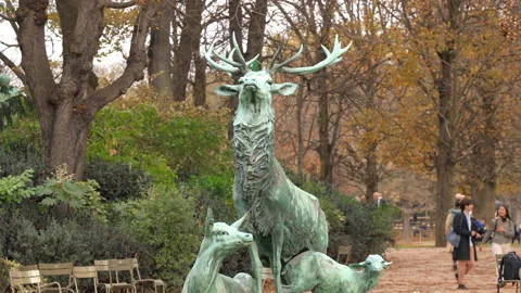 Deer statue by Arthur le Duc in Luxembourg Garden in Paris France in Autumn Stock Footage 233585210