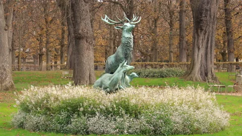 Deer statue by Arthur le Duc in Luxembourg Garden in Paris France in Autumn Stock Footage 233585218