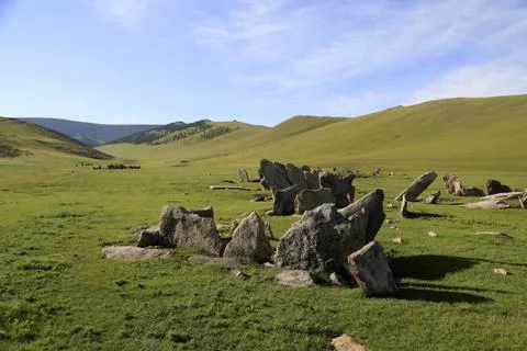 Deer stone monuments and square graves of Temeen Chuluu, Mongolia Stock Photos
