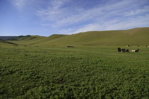 Deer stone monuments and square graves of Temeen Chuluu, Mongolia Stock Photos