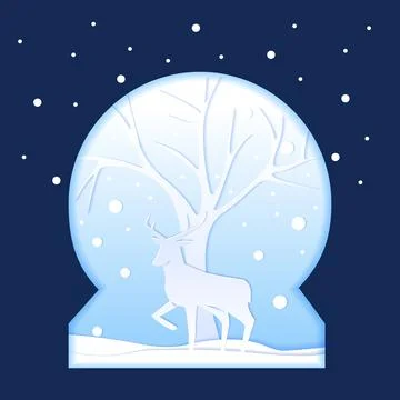 Deer Tree in Snow Globe Winter Paper Cut Style Illustration 스톡 일러스트