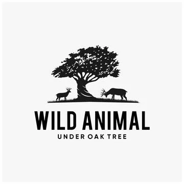 Deer under oak tree logo deign inspirations Stock Illustration