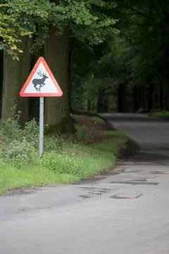 Deer warning sign by road side Stock Photos