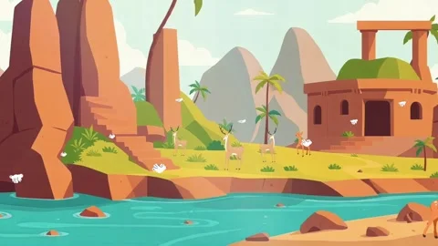 Deer by Waterfall: Tropical River Scene with Ruins Stock Footage 305435144