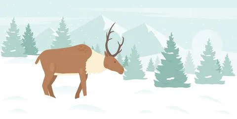 Deer in winter snow mountain landscape, snowy Christmas forest scene with cute Stock Illustration