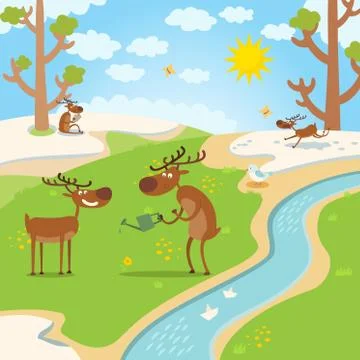 Deers happy for spring, thaw in forest vectore illustration. animal character Stock Illustration