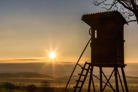 Deerstand at sunrise with backlight Stock Photos