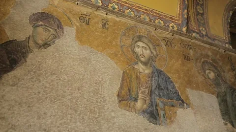 Deesis Mosaic of Jesus Christ flanked by the Virgin Mary and John the Baptist Stock Footage 181490695