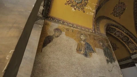 Deesis Mosaic of Jesus Christ flanked by the Virgin Mary and John the Baptist Stock Footage 181490903