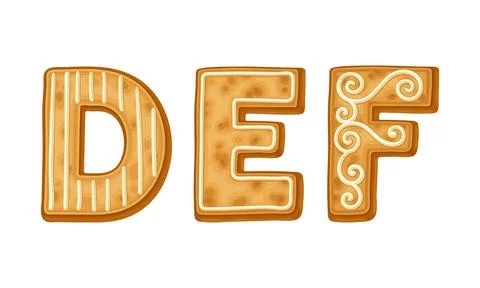 D,E,F letters covered by icing sugar. Ginger cookies Christmas alphabet cartoon Stock Illustration