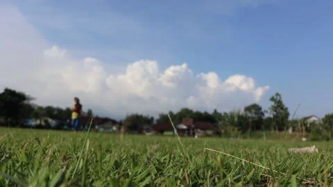 Defacus bokeh boy running closer to the middle of the field Stock Footage 235754601