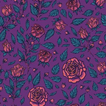 Default Seamless summer wild red roses and leaves Stock Illustration