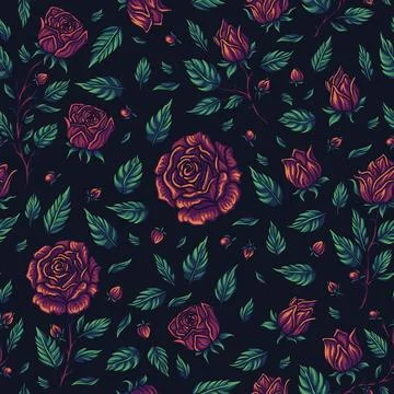 Default Seamless summer wild red roses and leaves Stock Illustration