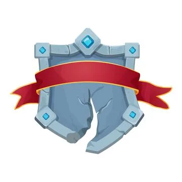 Defeat shield Stone frame with broken border and gemstones, red award ribbon Illustrazione stock