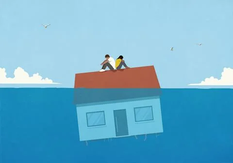 Defeated couple sitting back to back on house sinking in water Stock Illustration
