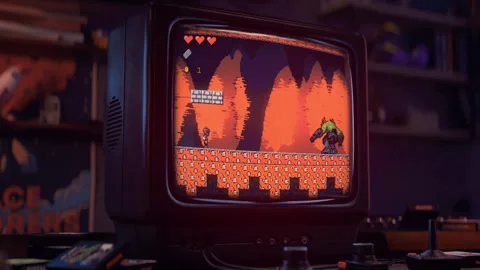 Defeating the enemy boss alien monster in the classic console game level Stock Footage 249191054