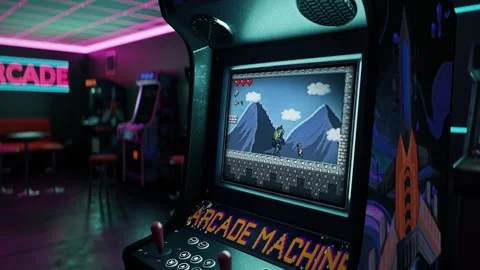 Defeating the level boss alien enemy in the pixelated classic video game Stock Footage 249389496